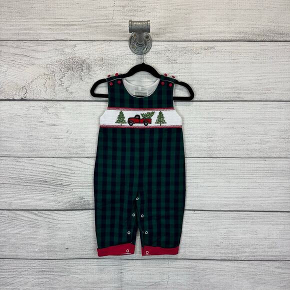 Lil Cactus Baby Boy Christmas Green Blue Plaid Romper Outfit Size 12/18M - Picture 1 of 6